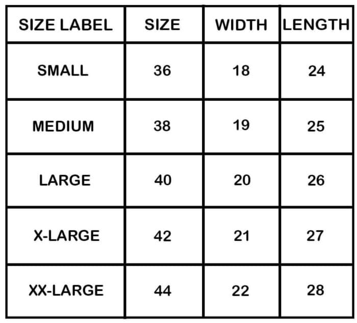 Size chart sports
