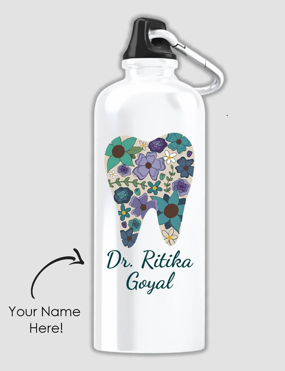 Custom Sipper Bottle With Dentist Symbol and Name | Blue Flowers Printed Dentist Logo
