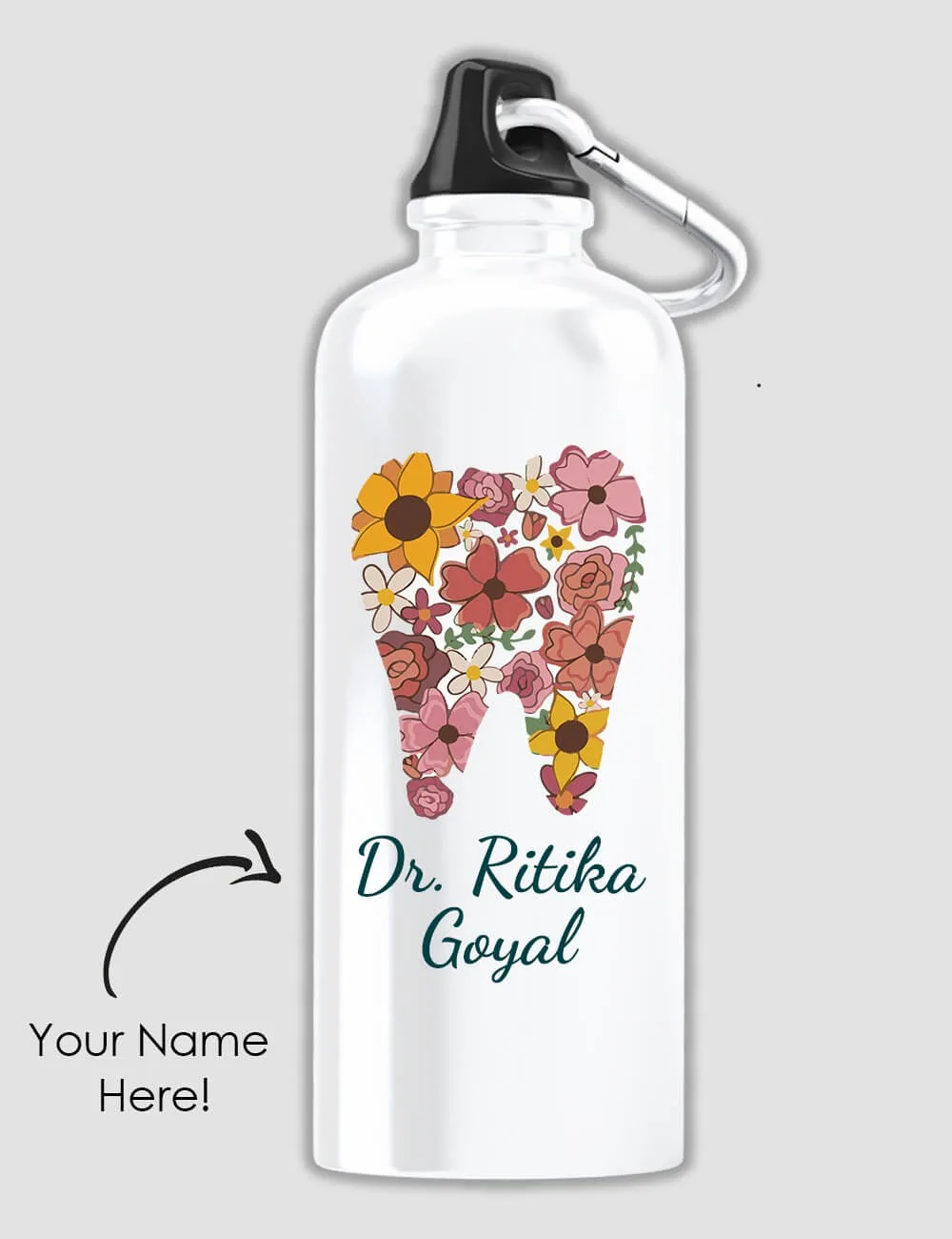 Custom Sipper Bottle With Dentist Symbol and Name | Flowers Printed Dentist Logo